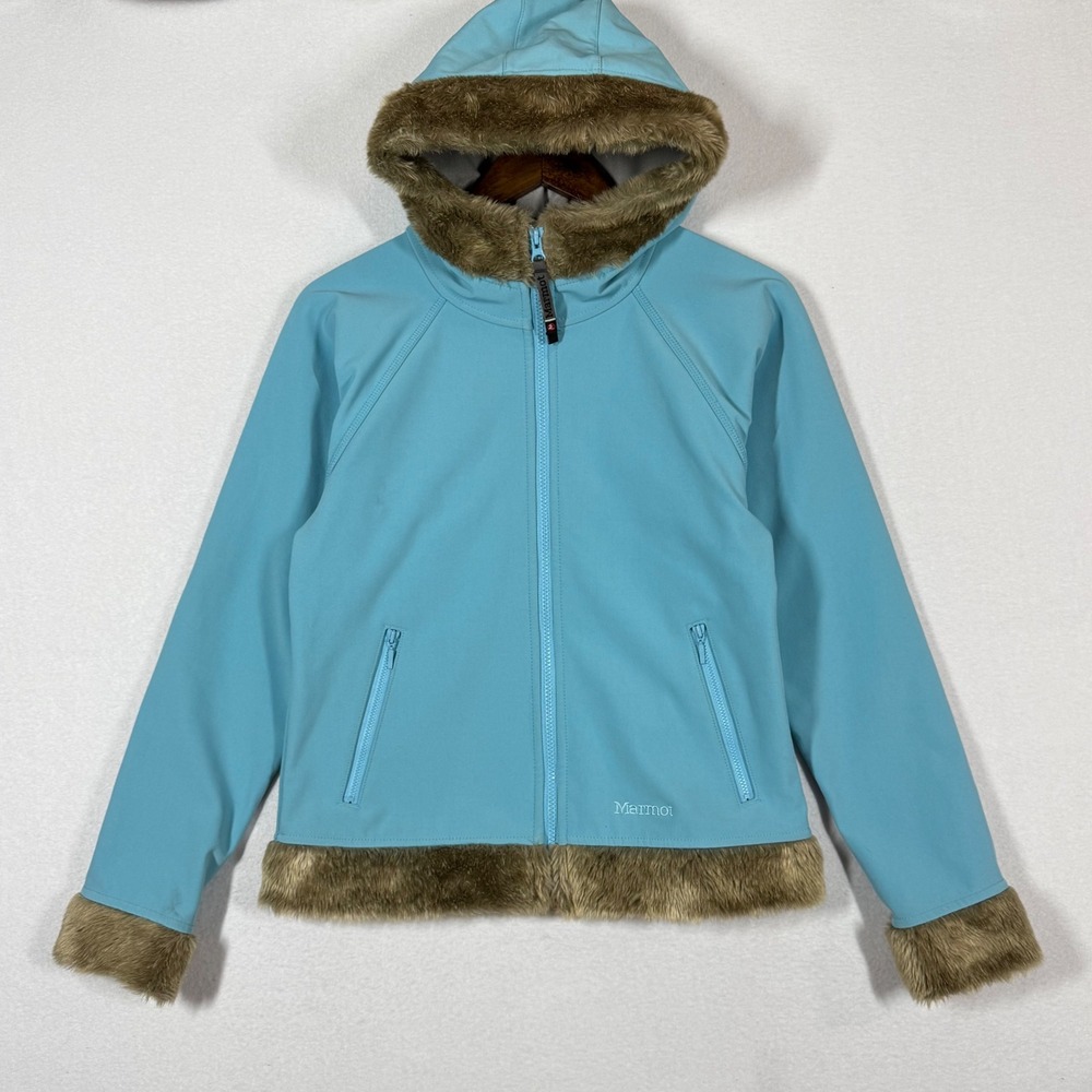 Marmot Furlong Womens M Softshell Jacket Hooded Faux Fur Trim Blue Coat